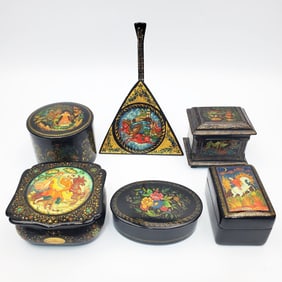 6 Vintage Russian Hand Painted Lacquer Boxes