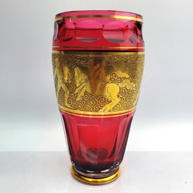 Moser Art Deco Ruby Red Glass Vase w/ Gilt Decor