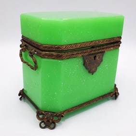 Early Green Opaline Glass Box w/ Brass Mounts