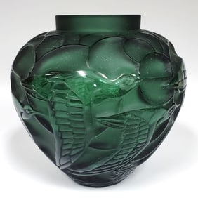 Vintage Lalique France "Courlis" Green Glass Vase