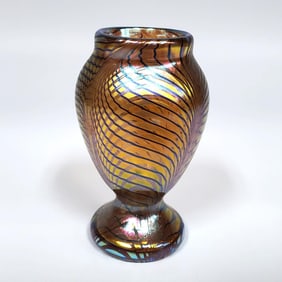 Orient, & Flume Miniature Pulled Feather Iridescent Art Glass Vase.