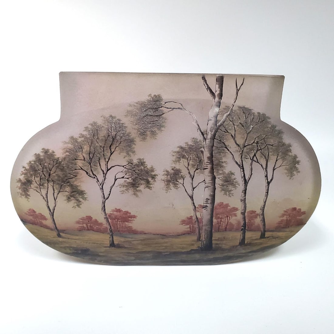 Daum Nancy Art Nouveau Enameled Cameo Glass Vase: Daum Nancy Art Nouveau Enameled Cameo Glass Vase Depicting Burch Trees Circa 1900. Fully Signed. Originally Purchased From Christie's in 2012.Condition: Excellent.Dimensions: H-4.5" x L-7". Provenance