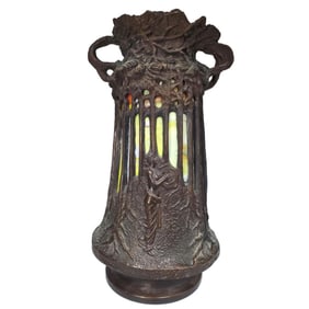 KT Duff Art Nouveau Bronze & Stained Glass Lamp