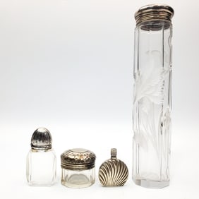 Lot of 4 Antique Sterling Silver & Glass Bottles