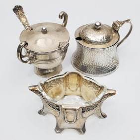 Lot of 3 Antique Sterling Silver Salts & Spoon