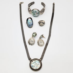 5 Pcs Lot Sterling Silver Jewelry w/ Roman Glass