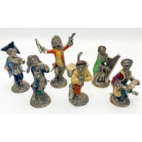 6 Vintage 800 Silver & Enamel Monkey Figurines