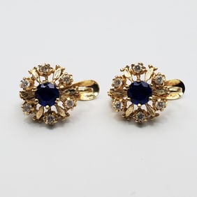 Pair 14K Yellow Gold, Sapphire & Diamond Earrings
