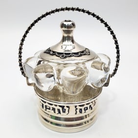 Judaica Vintage Sterling Silver & Glass Honey Dish