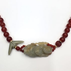 Chinese Carved Jade & Cornelian Beaded Necklace