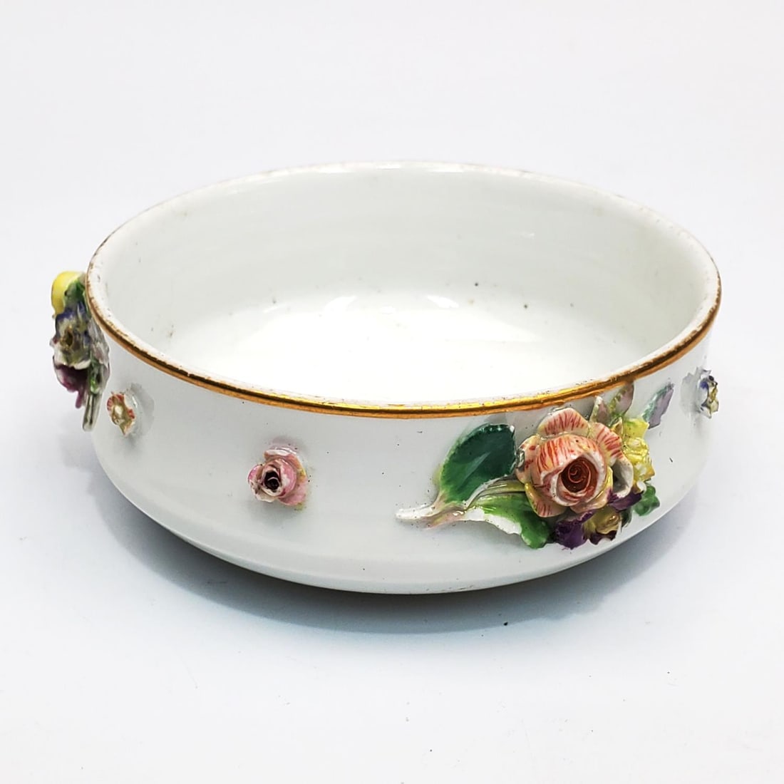 Antique Meissen Porcelain Flower Encrusted Bowl: Antique Meissen Porcelain Flower Encrusted Bowl. Condition: Generally Good w/ Minor Chips. Dimensions: H-1.25" x Dia-3.5". Provenance: From a Long Island, NY Home. Please note the absence of a Conditi