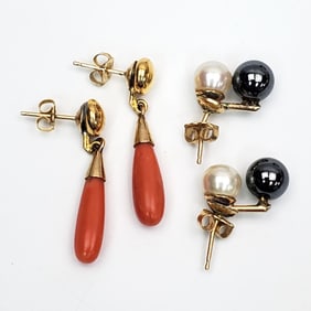 Pair of 14K Gold & Coral Earrings & Another