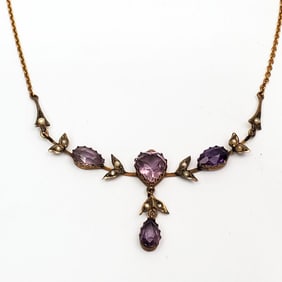 Antique 9K Yellow Gold, Amethyst & Pearl Necklace