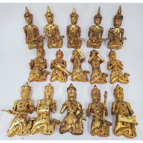 Lot of 15 Thai Gold Painted Carved Wood Statues