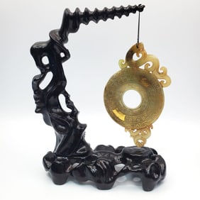 Jade Bi Disc w/ Gilt Decorations & Stand