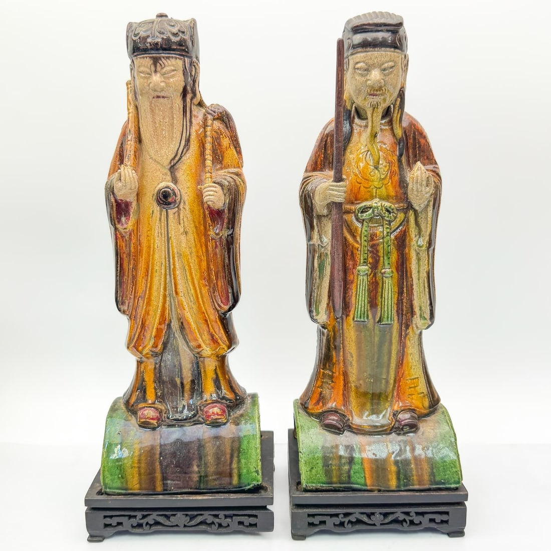 2 Chinese Glazed Pottery Figures on Wood Bases (1 of 8)