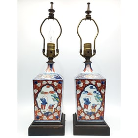 Antique Pair Japanese Imari Porcelain Vase Lamps