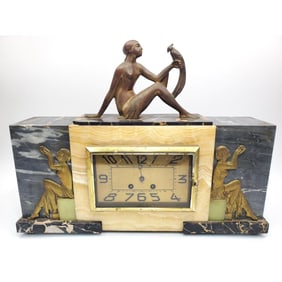 French Antique Art Deco Bronze & Marble Clock