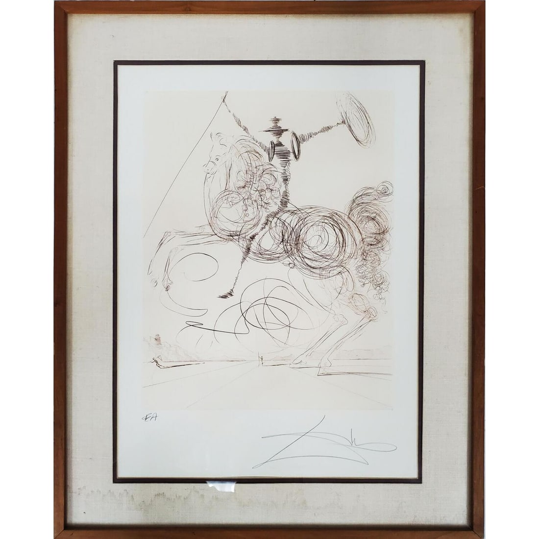 Salvador Dali, Spanish (1904-1989) Etching: Salvador Dali, Spanish (1904-1989) Early Etching "Don Quixote" c.1981. Pencil Signed Lower Right & Marked "EA" on Lower Left. Framed Under Glass In Original Frame. Has Not Been Examined Out of Frame.