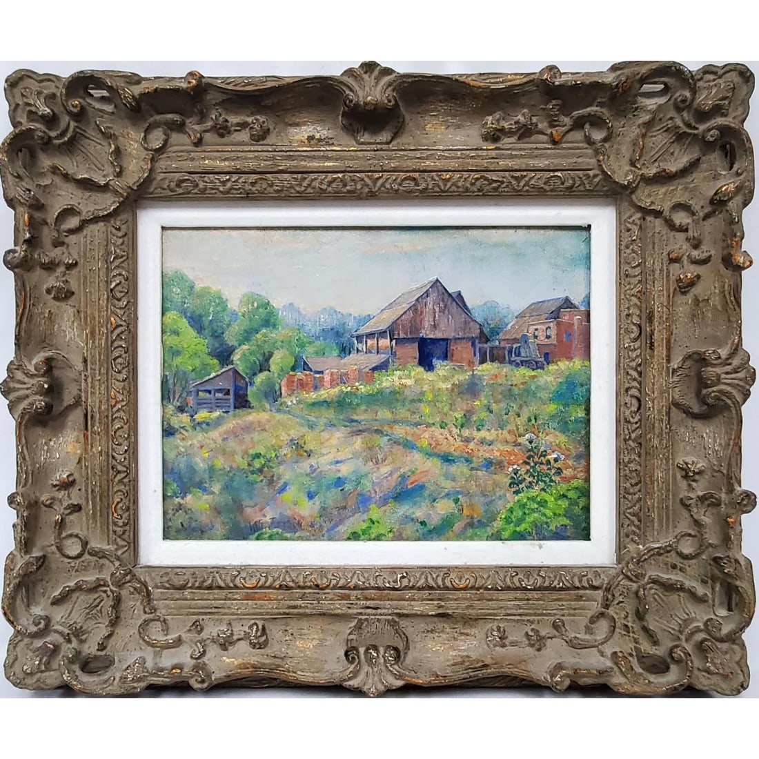 Edward Warder Rannells, American (1892-?) Painting: Edward Warder Rannells, American (1892-?) Painting Oil on Board "Missouri Brick Yards" c.1935. Signed Lower Left & w/ Various Paper Labels on The Verso. Beautifully Framed. Condition: Generally Very G