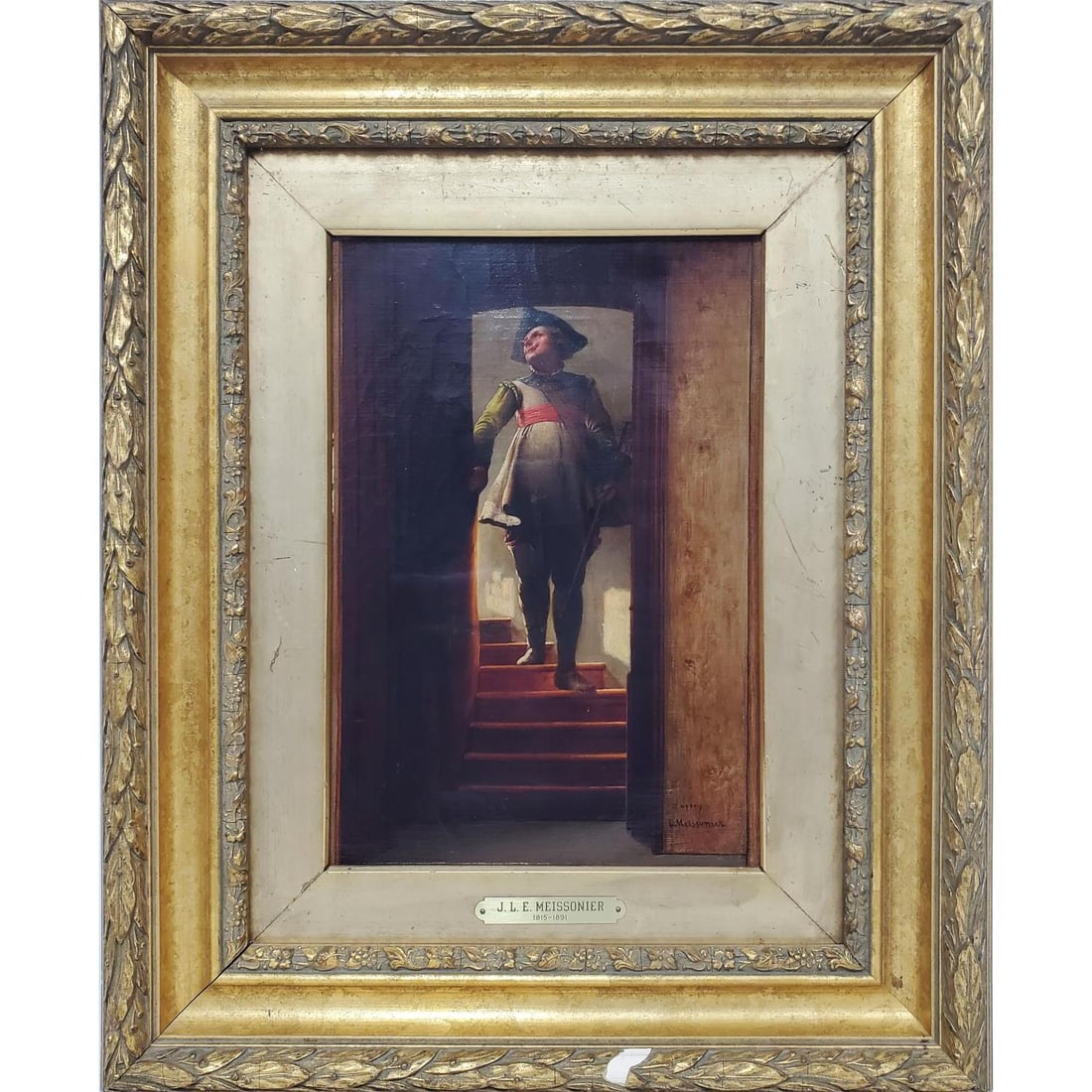 After Meissonier, Antique Painting Oil on Canvas: After Jean-Louis Ernest Meissonier, French (1815-1891) Antique Painting Oil on Canvas "Chevalier". Beautifully Framed. Condition: Generally Good. Has Very Old Restorations Visible on The Verso. Dimens