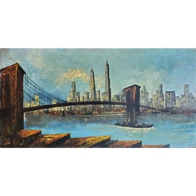 Signed Painting Oil on Board "Brooklyn Bridge"