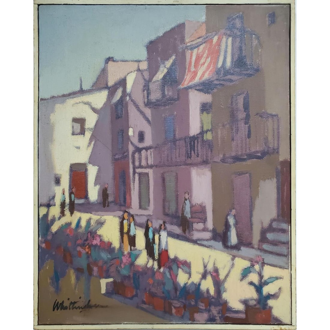 Bonnie Whittingham, American (1921-1997) Painting: Bonnie Whittingham, American (1921-1997) Painting Oil on Canvas "Village Scene" Signed Lower Left & Dated 1969 on The Verso. In Original Frame. Condition: Generally Very Good. Dimensions:Sight-18" x 1