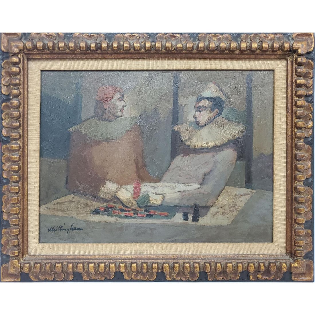 Bonnie Whittingham, American (1921-1997) Painting: Bonnie Whittingham, American (1921-1997) Painting Oil on Board "Clowns Playing Chess" Signed Lower Left. In Original Frame. Condition: Excellent. Dimensions:Sight-16" x 12". Frame-20.25" x 16.25". Pro