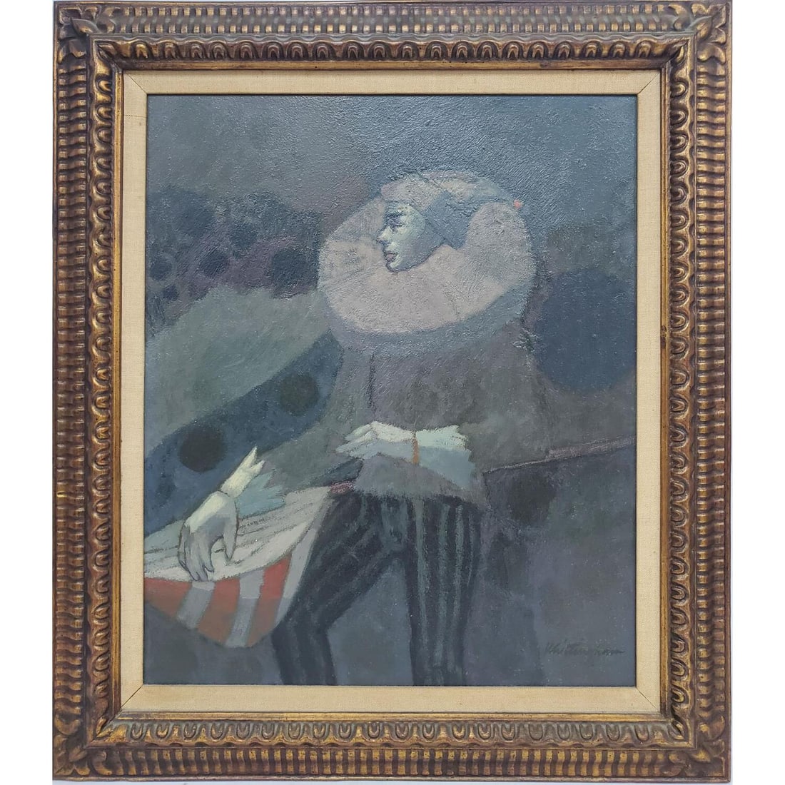Bonnie Whittingham, American (1921-1997) Painting: Bonnie Whittingham, American (1921-1997) Painting Oil on Board "Musical Harlequin" Signed Lower Right. In Beautiful, Original Frame. Condition: Excellent. Dimensions:Sight-24" x 20". Frame-30.5" x 26.