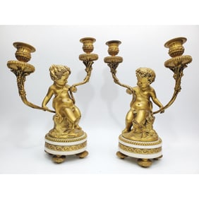 Pair Antique Bronze & Marble Cherub Candlesticks