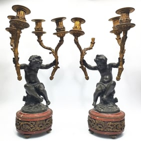 Pair of Antique Large Bronze & Marble Candlesticks