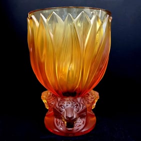 Lalique France Large Amber Glass "3 Jaguars" Vase