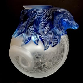Lalique France Blue Glass "Imperial Dragon" Vase