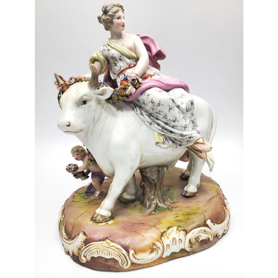 Meissen Antique Mid 19th C. Porcelain Figure: Meissen Antique Mid 19th C. Porcelain Figure "Europa & The Bull". Fully Marked. Condition: With Losses, Damages, Repairs & Old Restorations. Dimensions: L-9" x W-6.5" x H-9.5". Provenance: From a New