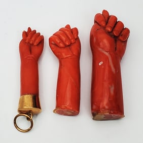 3 Antique European Carved Coral Hands