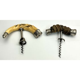 2 Antique Sterling Silver Mounted Horn Corkscrews