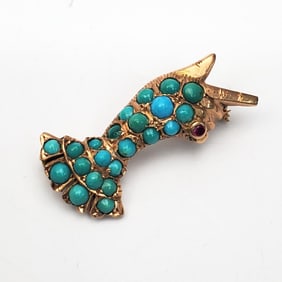 Rare 14K Gold, Turquoise & Ruby "Hand" Brooch