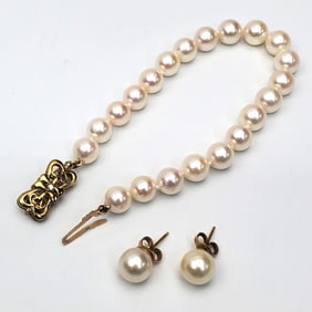 14K Gold & Pearl Bracelet & Earring Set