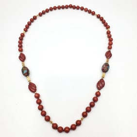 Unusual Jasper, Enamel & 14K Gold Beaded Necklace