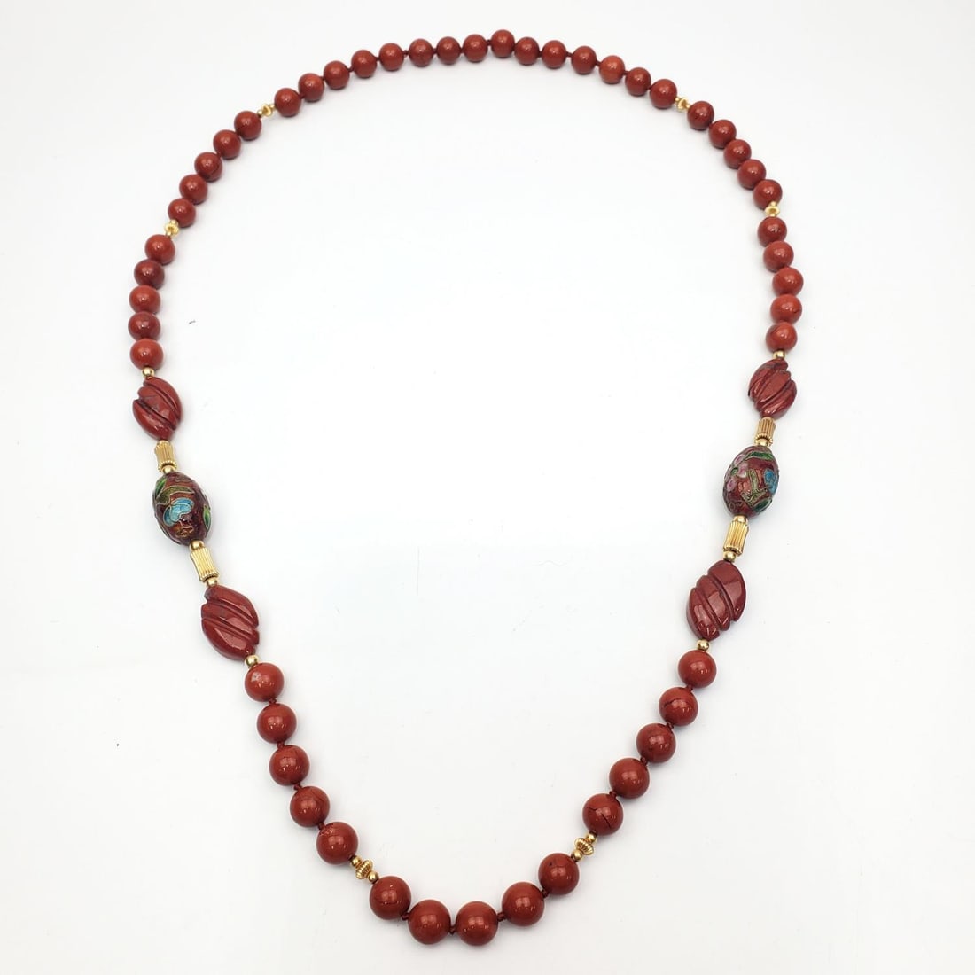 Unusual Jasper, Enamel & 14K Gold Beaded Necklace: Unusual Jasper, Enamel Cloisonne & 14K Gold Beaded Necklace. Condition: Generally Very Good. Dimensions: L-31". Gross Weight: 99.9g. Provenance: From a Long Island, NY Home. Please note the absence of