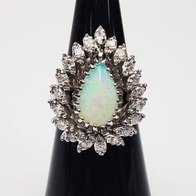 14K White Gold, Diamonds & Opal Ring