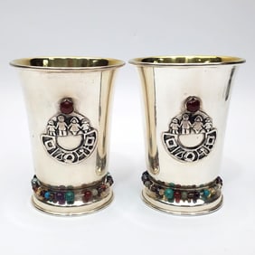Judaica Pair Unusual Sterling Silver Kiddush Cups