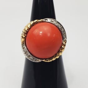 Vintage14K Yellow Gold, Diamond & Dark Coral Ring