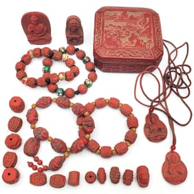 Large Group Lot of Chinese Cinnabar Style Items