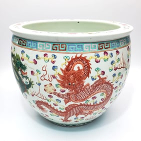 Chinese Enameled Porcelain Planter w/ Dragons