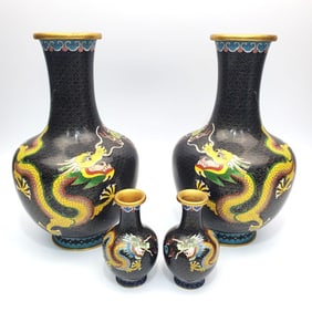4 Chinese Vintage Highly Detailed Cloisonne Vases