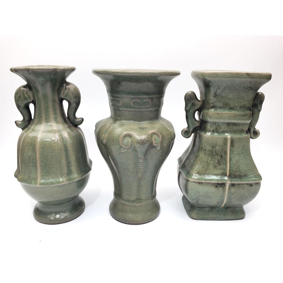 Lot of 3 Chinese Celadon Vases: Lot of 3 Chinese Celadon Vases. Two Are Signed. Condition: Generally Good. Dimensions: Largest-H-8.7" x Dia-4.7". Provenance: From a Long Island, NY Home. Please note the absence of a Condition Report