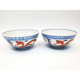 2 Chinese Signed Porcelain Blue, Red, White Cups