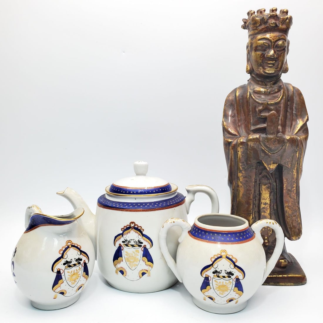 Lot of 4 Chinese Items Incl. a Tea Set & Statue: Lot of 4 Chinese Items Including a Chinese Export 3 Piece Blue & White Porcelain Tea Set & a Bronze Gilt Statue of a Civil Official. The Tea Set Includes 1 Tea Pot, 1 Creamer Pourer, & 1 Sugar Bowl &