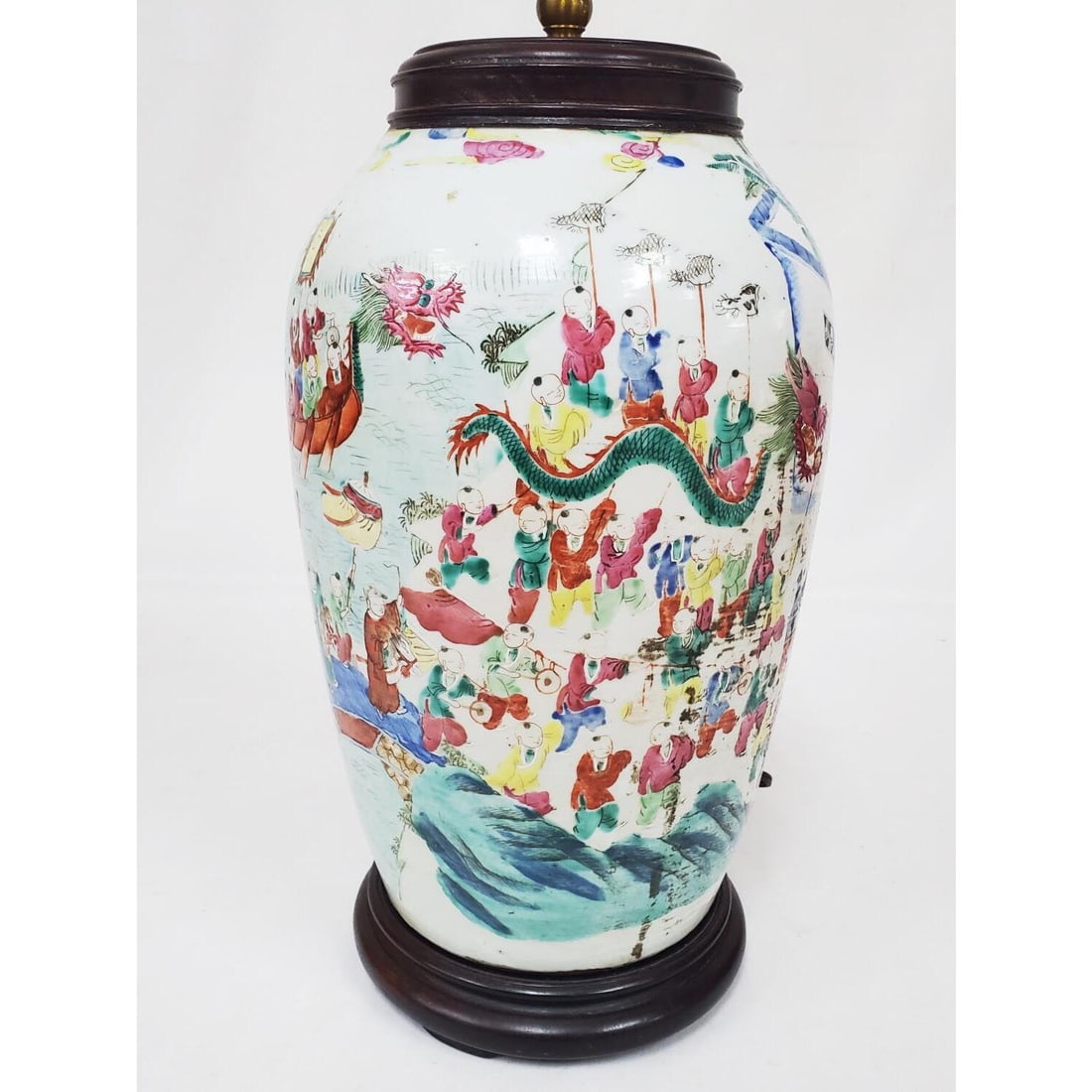 Antique Chinese Porcelain Lamp Made From a Vase: Antique Chinese Porcelain Lamp Made From a Vase Depicting Hand Painted & Enameled Figures w/ a Jade Finial.Condition: Generally Very Good. Please Note- We Do Not Guarantee the Workability or Wiring of